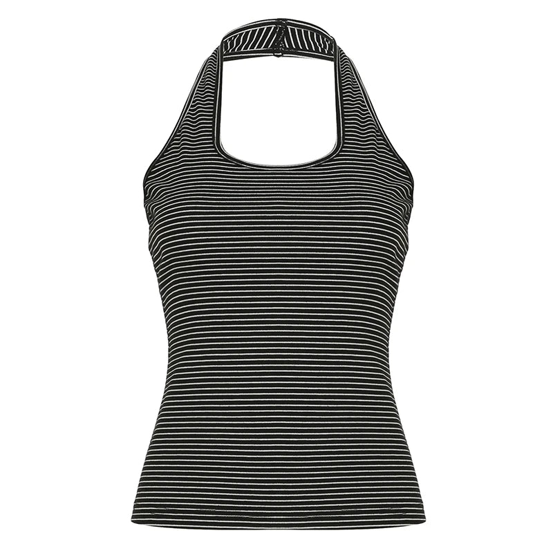 fashion Stripe Backless Sexy Halter Neck Bodycon Casual Sport Streetwear Hottie Camisole Summer Vintage Sleeveless Tops