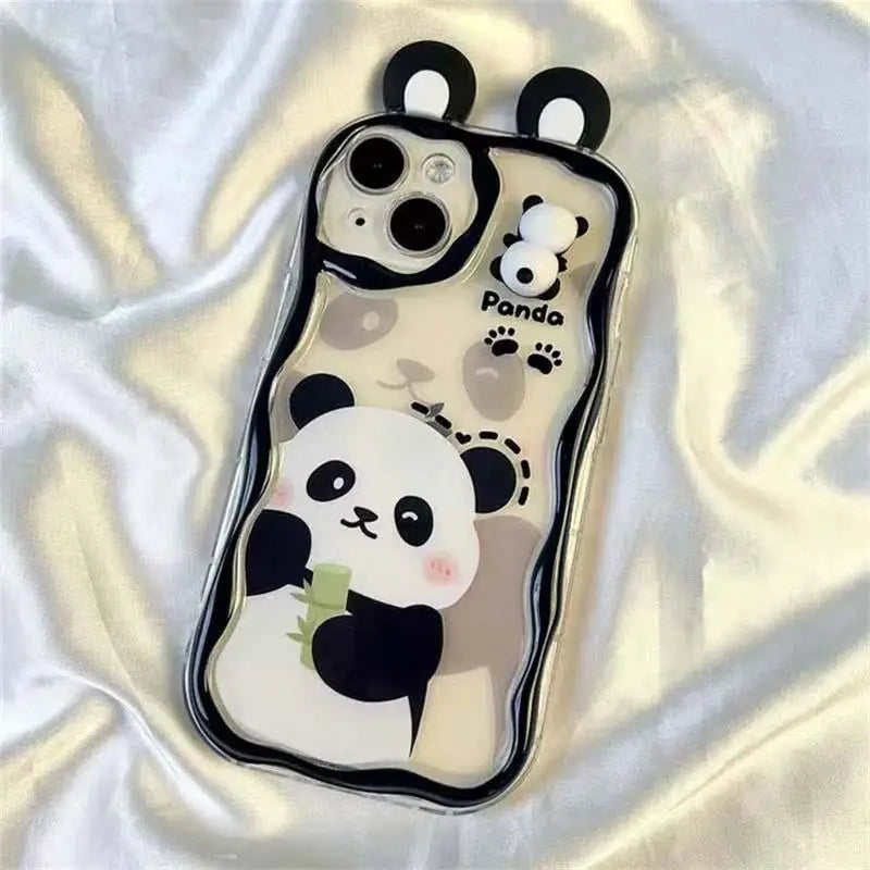 Cute Panda Toy Cartoon Ear Wave TPU Soft Phone Case For IPhone 16 15 12 11 Pro Max 14 Plus 13 Mini X XS XR 7 8 Plus SE Back Capa