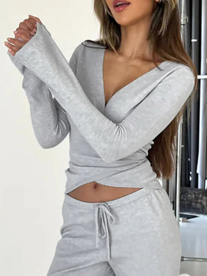 fashionBasic Solid Slim Lace-up Tee Shirts Long Sleeves V-neck Casual Chic Clothes Sporty Streetwear Four Color Knit Tops