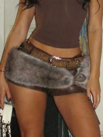 fashionLow Waisted Mini Leather Shorts Vintage Chic Furry Belts Casual Y2K Aesthetic Fashion Elastic Waist Bottoms