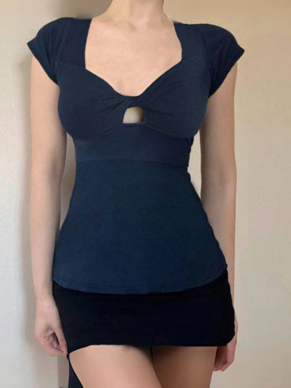 fashionTwist Square Collar Solid T-shirt Basic Vintage Hollow Out Streetwear Casual Fashion Tee Elastic Elegant Top
