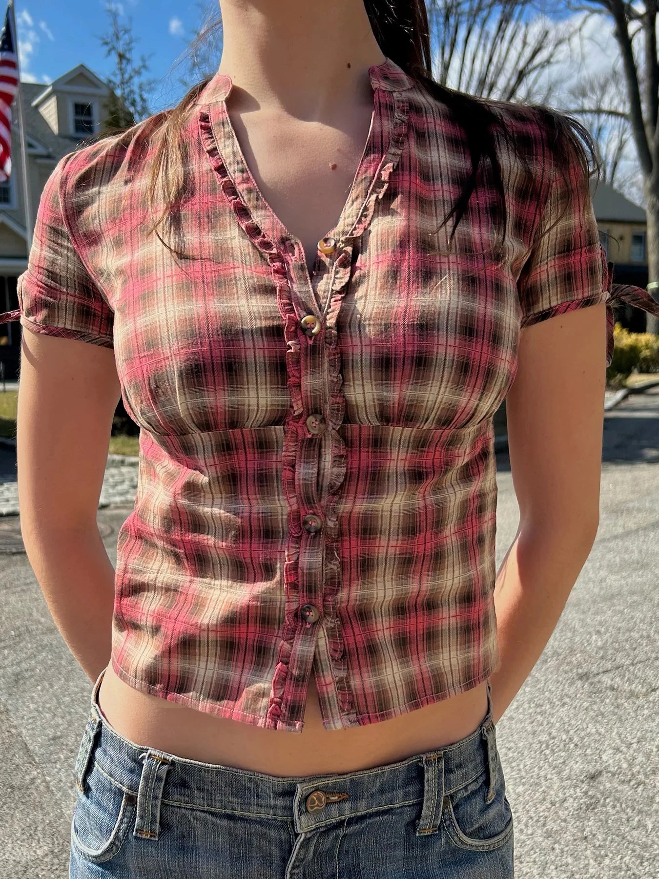 fashionFashion Plaid Print Bow Y2K Crop Tops Lace-up Basic Streetwear 90s Slim Botton Shirts Casual Harajuku Outfits