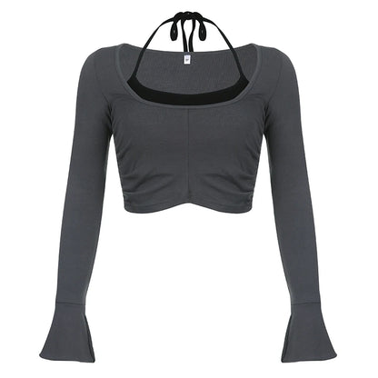 fashion Flare Sleeve Color Contrast Two-piece Top Set Halter Crop Casual Streetwear 90s Vinatge Suit Hottie Basic Twinset