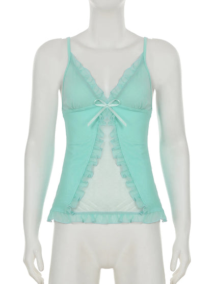 fashionV-neck Mesh Bow Sexy Camisole Chic Summer Sleeveless Chic Vintage Bodycon Bustiers Off Shoulder Hottie 90s Top
