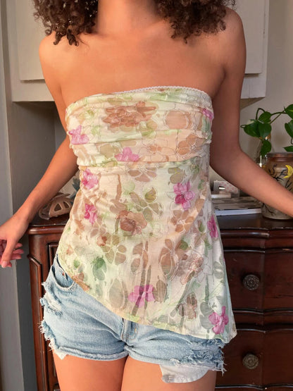 fashionFloral Print Sexy Strapless Top Chic Casual Slim Elegant Vintage Women's Clothing Clubwear Classic Fashion Vest