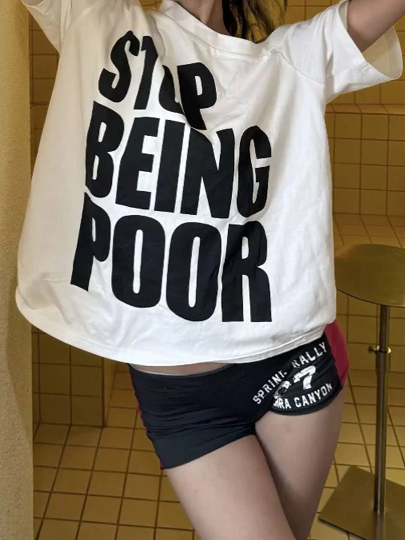 fashionLetter Print Skew Collar T-shirt Slim Short Sleeved Summer Streetwear Loose Tee Elastic Vintage 90s Casual Tops