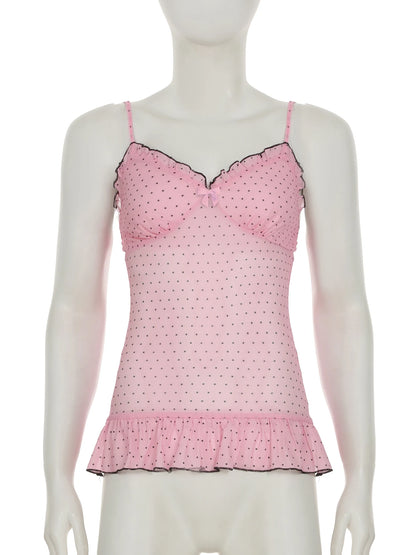 fashion Polka Dot Bow V-neck Backeless Camisole Sexy Slim Chic Vintage Sleeveless Tops Bodycon Sweet Streetwear Bustiers