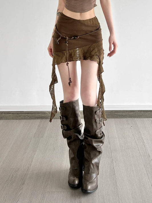 fashionIrregular Mesh Patchwork Belt Skirts Chic Fashion Vintage Retro Sexy Harajuku Clothings Hottie High Street Bottoms