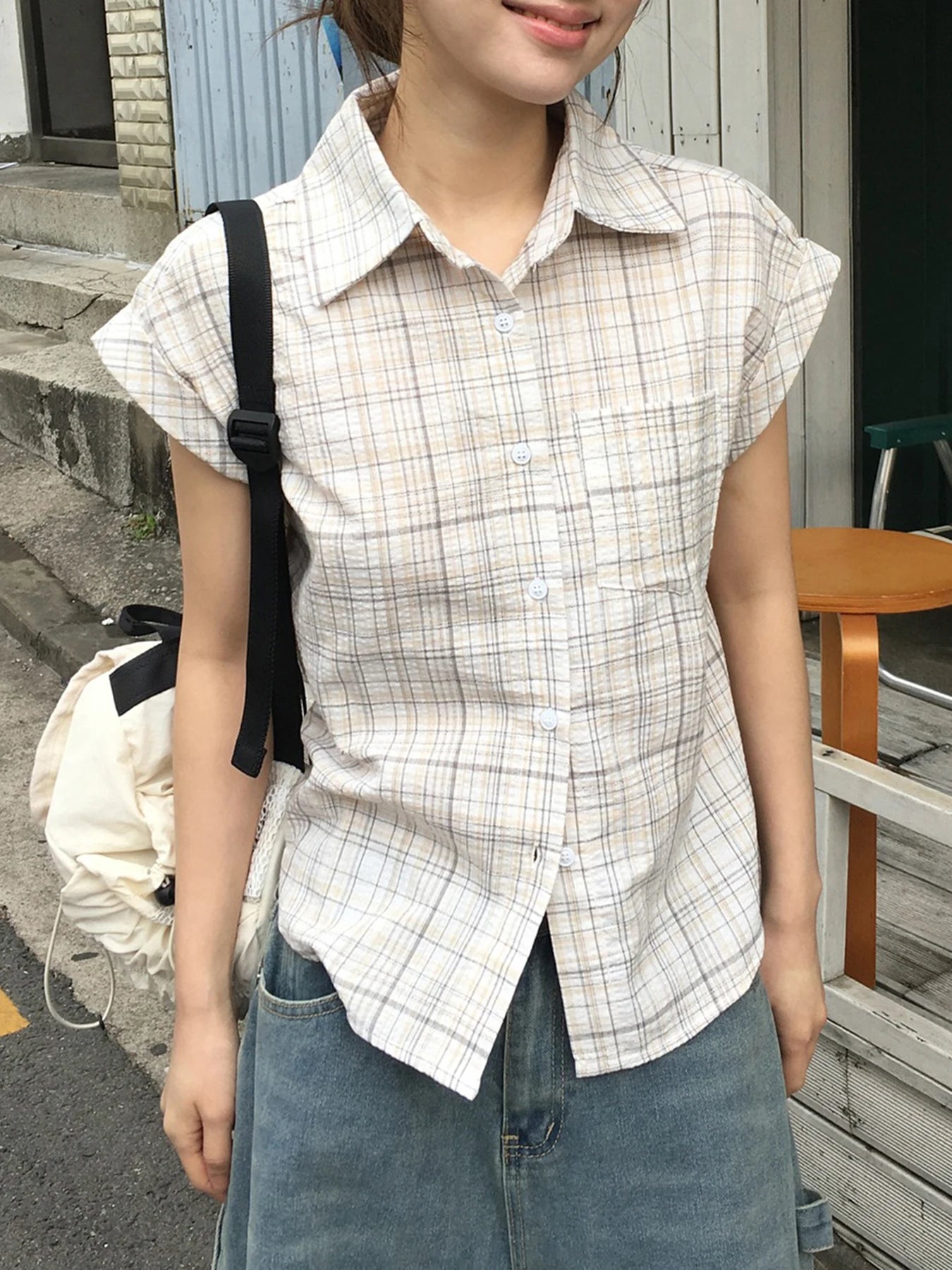 fashion Basic Plaid Print All-match Blouses Casual Retro Vintage Streetwear 90s Tops Baggy Button Fashion Lapel Clothings