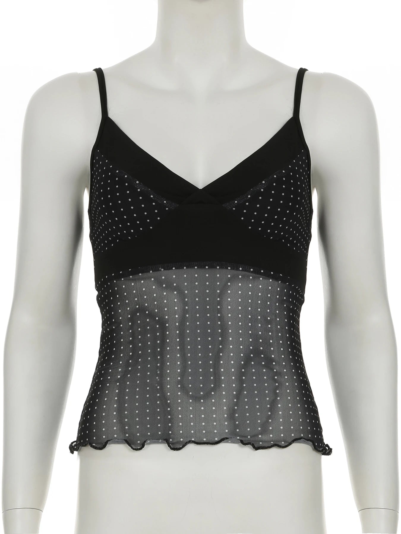 fashion Sexy Dot Print Crop Bustiers V-neck Transparent Patchwork Sleeveless Camisole Backless Summer Cute   Outfits