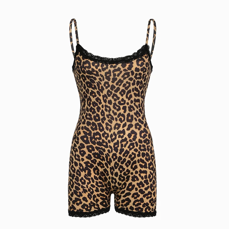 fashion Lace Patchwork Slim Rompers Leopard   Vintage Bodycon Women's Outfits Streetwear Sleeveless Aesthetic Cute Cloth