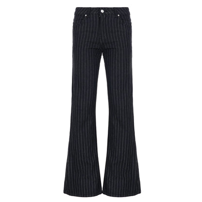 fashionStripe Slim Vintage Chic Jeans Zipper Pockets Fashion Low Waisted Button 90s Pants Streetwear All-match For Women