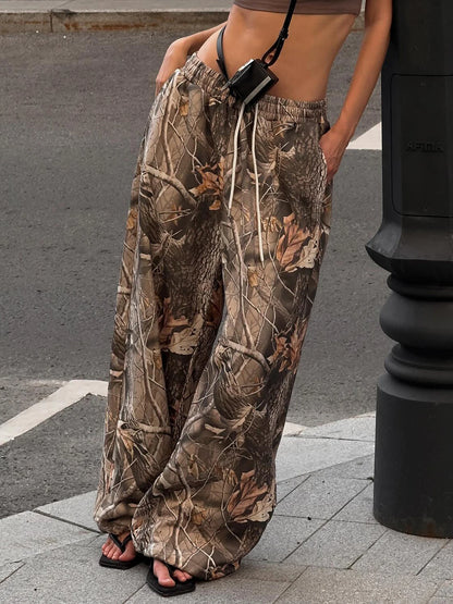 fashionBranch Leaf Print Pants Knitted Elastic Vintage Chic Casual Outfits Basic Streetwear Fashion All-match Bottom