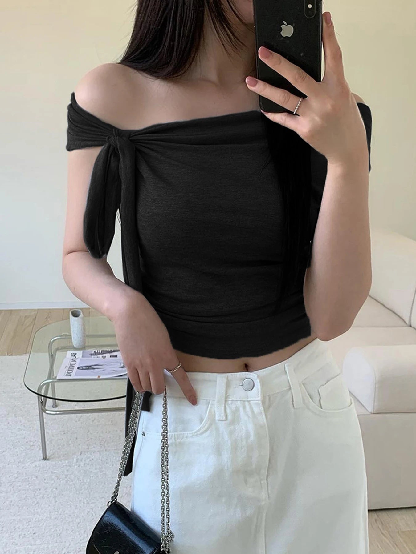 fashionIrregular Knotting Slash Neck Solid Tops Casual Slim Chic Fashion Women's Clothing Streetwear Elastic Outfits