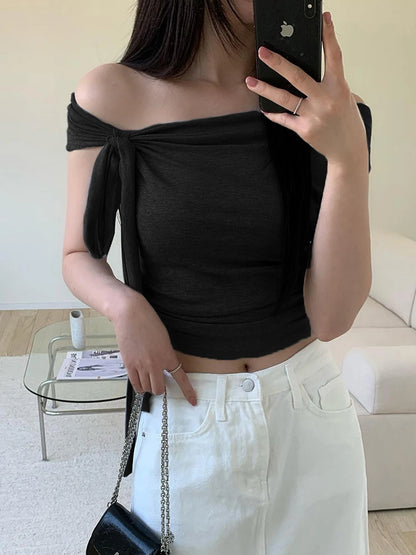 fashionIrregular Knotting Slash Neck Solid Tops Casual Slim Chic Fashion Women's Clothing Streetwear Elastic Outfits