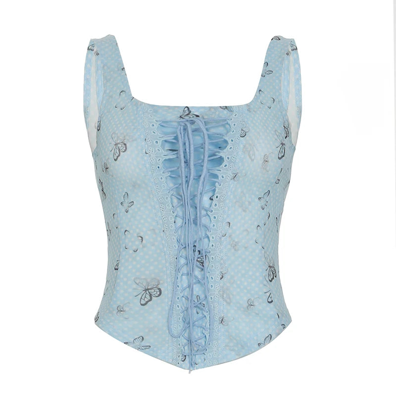 fashion Blue Bandage Butterfly Print Camisole Vintage Streetwear Slim Backless Elastic Top Summer Hottie Aesthetic Bustier