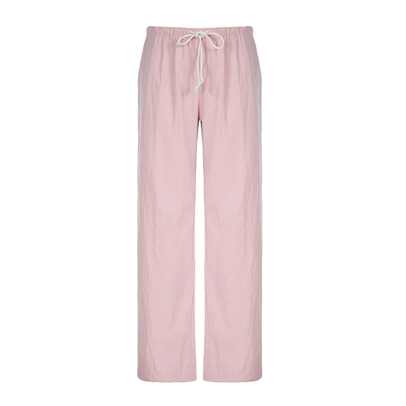 fashionCasual Solid All-match Drawstring Pants Chic Streetwear Korea Slim Straight Sweet Trousers Pink Basic Y2k Bottoms