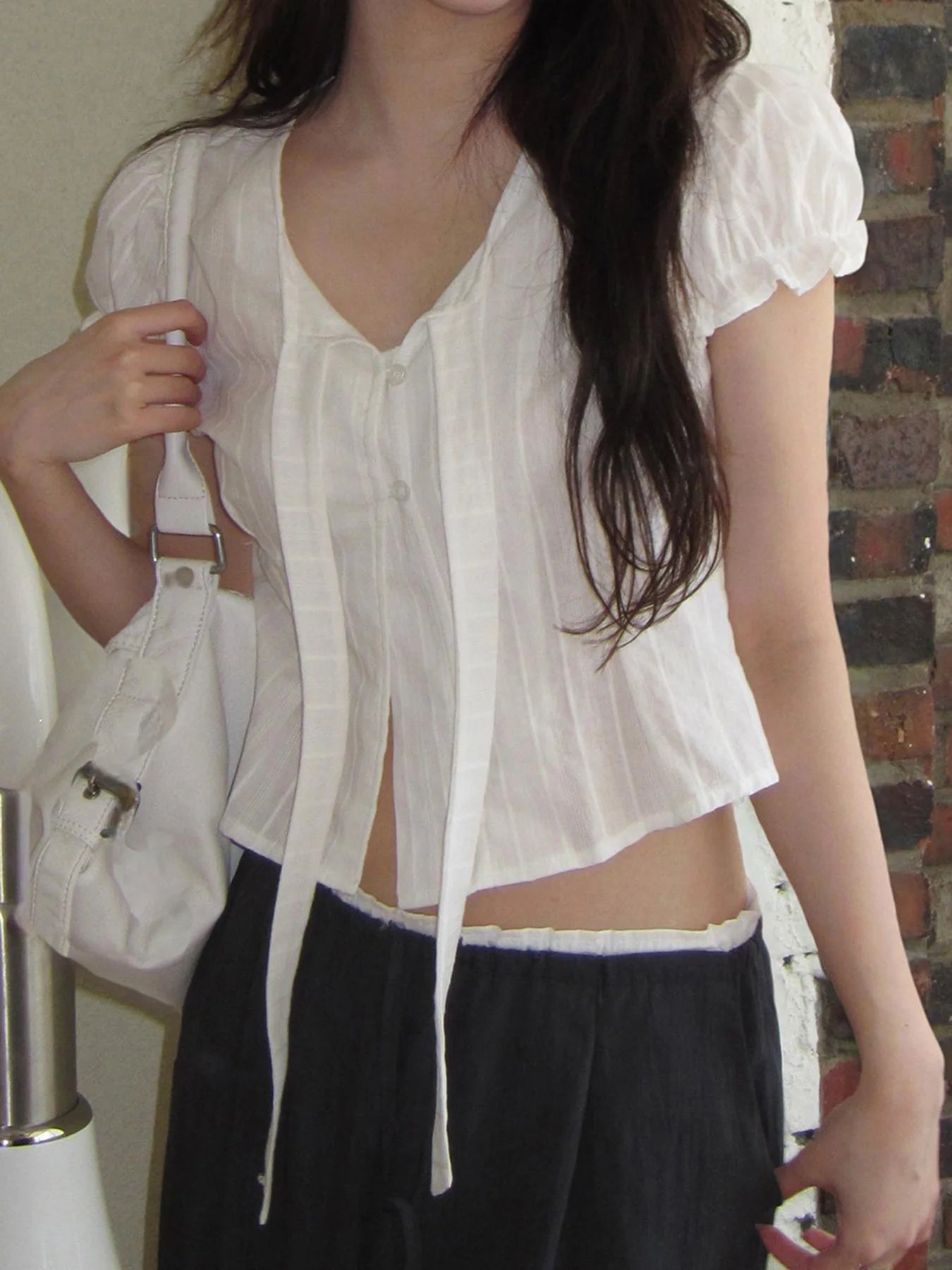 fashionPuff Sleeve Sexy Solid Lace-up T-shirt Slim Crop Short Sleeved Summer Streetwear Sweet Clothings Button Casual Top