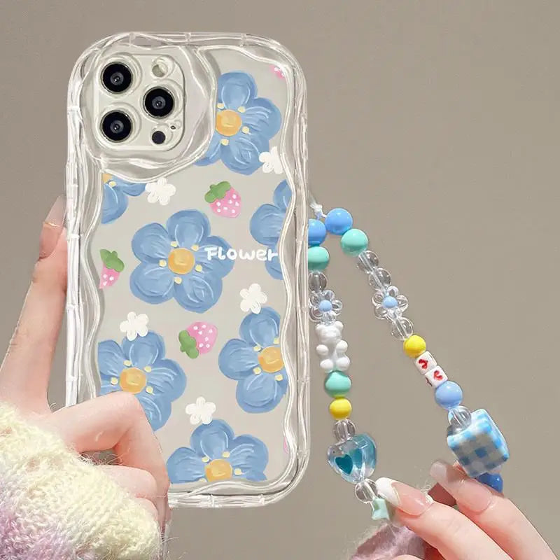 3D Flower Chain Lanyard Phone Case For Redmi Note 13 Pro Plus 5G 13C 4G Soft Wavy Edge Oil Painting Flowers Protective Cover