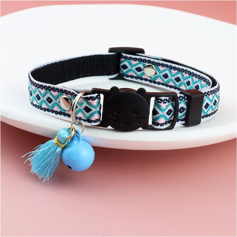 1pc Anti-suffocation Security Snap Cat Collar Jacquard Cat Necklace With Bell and Tassel Adjustable Puppy Collar Pet Accessories