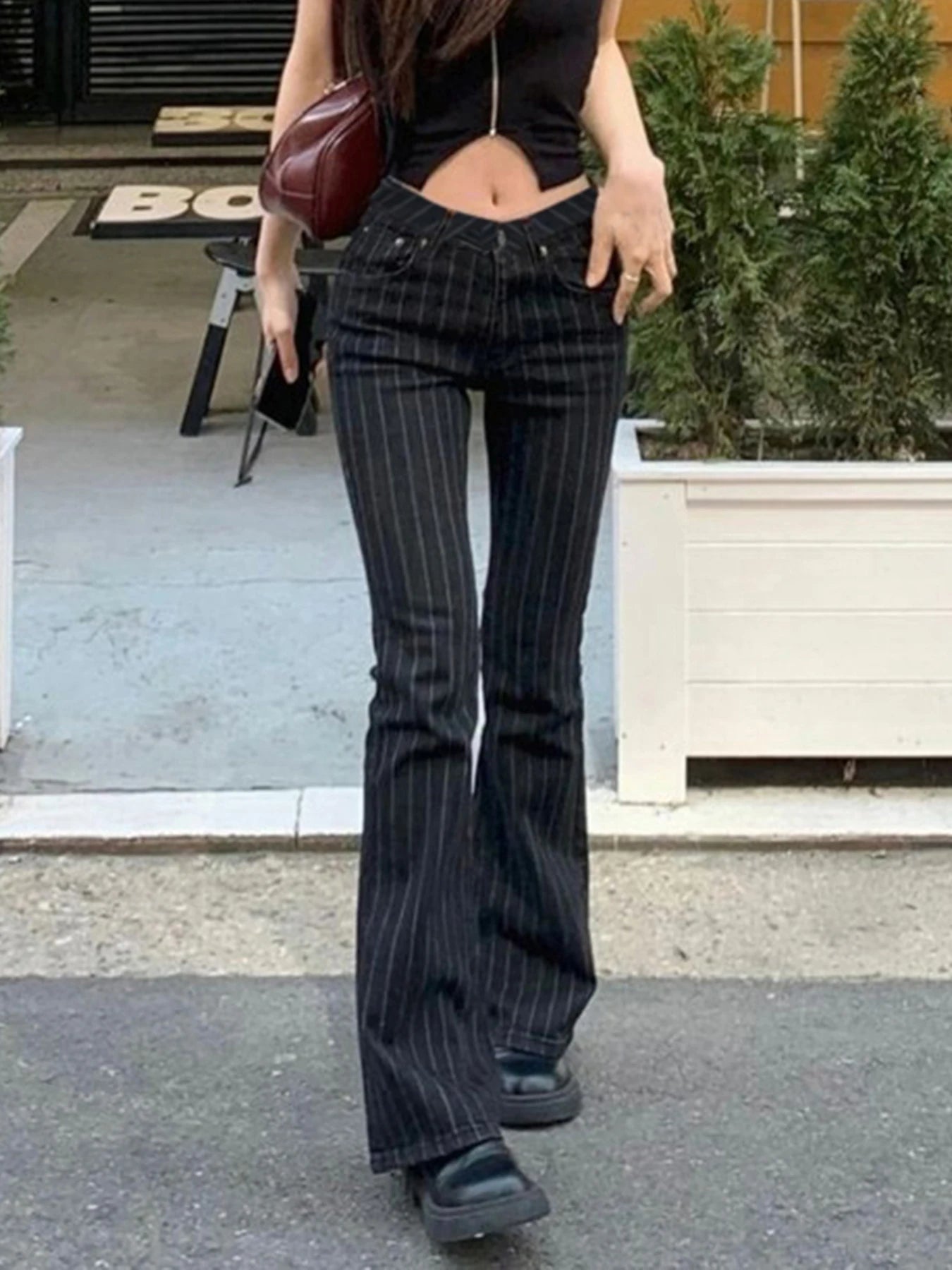 fashionStripe Slim Vintage Chic Jeans Zipper Pockets Fashion Low Waisted Button 90s Pants Streetwear All-match For Women