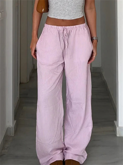 fashionStreetwear Striped Print Loose Trousers Lace-up Joggers Fashion Y2K Baggy Pants Basic Aesthetic 90s Cute Bottoms