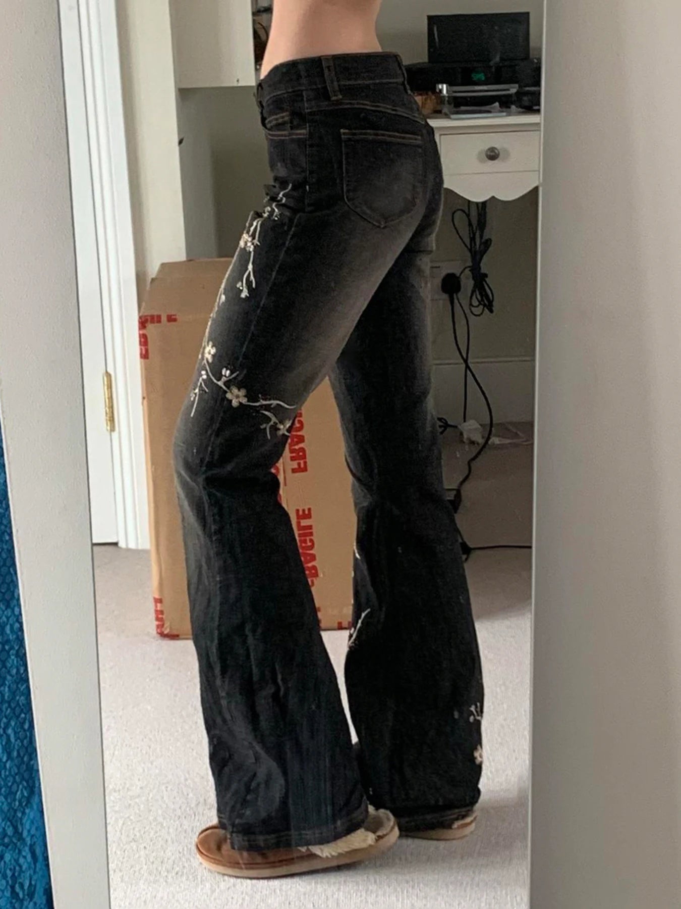 fashion Plant Embroidery Slim Denim Flared Pants Fashion Vintage Chic Retro Sexy Classic Bottoms Solid Streetwear Jeans