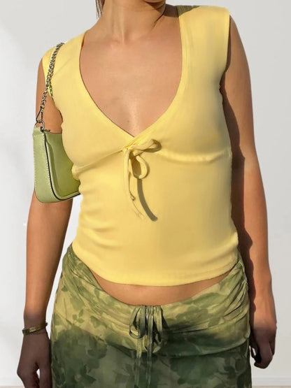fashion Deep V-neck Solid Basic Casual Vest Chic Streetwear Fashion Bandage Sexy Top Hottie Slim All-match Vintage Clothes