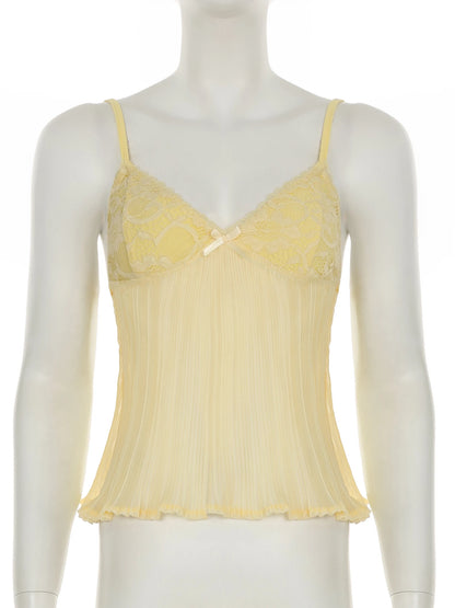 fashion Fold Solid Sexy Backless Camisole Bow Lace Patchwork Summer Chic Vest Slim 90s Hottie High Street Crop V-neck Top