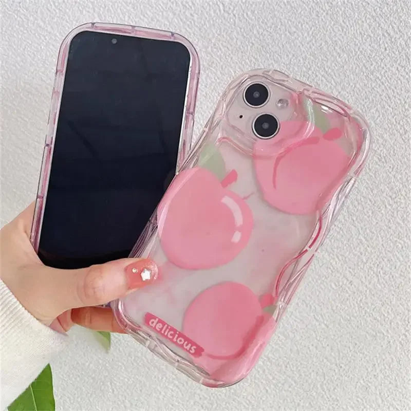 Flower Love Heart Cherry Phone Case For IPhone 16 15 Pro Max 14 11 13 12 Mini XR 8 7 Plus X XS SE 2020 2022 Soft Wavy Edge Cover