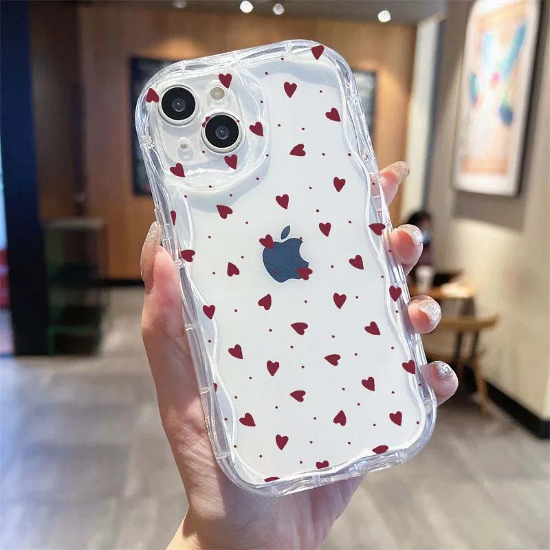 Flower Love Heart Cherry Phone Case For IPhone 16 15 Pro Max 14 11 13 12 Mini XR 8 7 Plus X XS SE 2020 2022 Soft Wavy Edge Cover