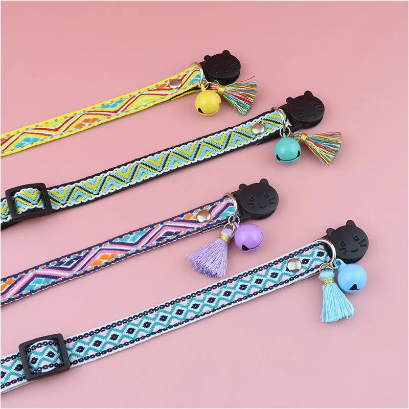 1pc Anti-suffocation Security Snap Cat Collar Jacquard Cat Necklace With Bell and Tassel Adjustable Puppy Collar Pet Accessories