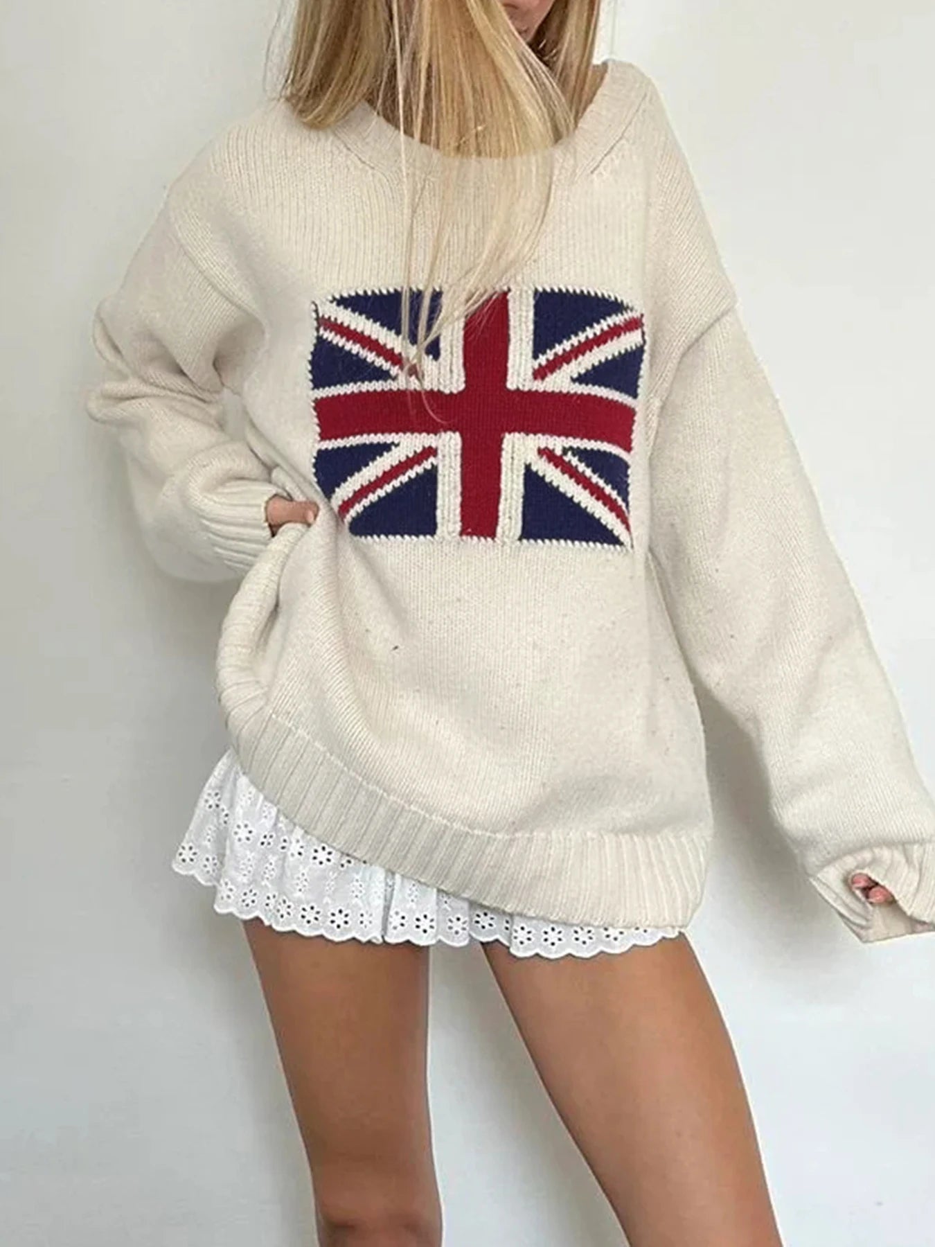 fashion Graphic Patchwork Knitted Sweaters Y2K Crewneck Fashion Loose Crochet Tops Autumn Vintage Casual Cute Pullovers