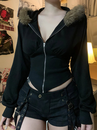 fashionZip Up Fur Neck Hoodie Coats Fashion Slim Solid Y2K Vintage Women's Jackets Casual Streetwear Chic Basics Clothes