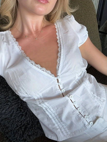 fashion Lace Patchwork Solid Blouses for Women Single-breasted Fashion Slim Clothes Streetwear V-neck Short Sleeves Tops