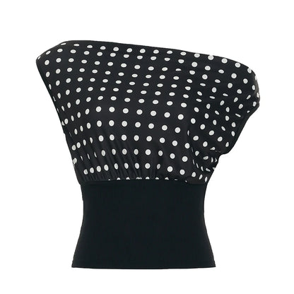 fashionPolka Dot Slim Patchwork Skew Collar Top Casual Chic Vintage Sleeveless Summer Clothings Streetwear Basic T-shirt