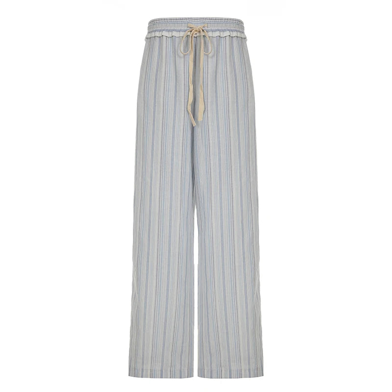 fashion Stringy Selvedge Stripe Casual Pants Drawstring Basic All-match Vintage Blue Chic Trousers Vacation Loose Bottoms
