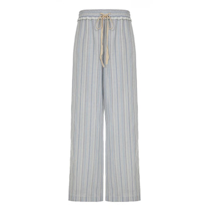 fashion Stringy Selvedge Stripe Casual Pants Drawstring Basic All-match Vintage Blue Chic Trousers Vacation Loose Bottoms