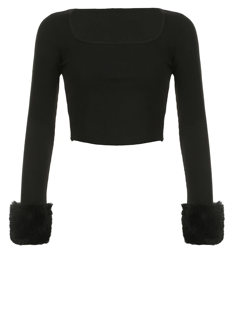 fashion Square Collar Y2K Tee Shirts Chic Casual Crop Tops Vintage Streetwear Long Sleeves Fur Cuff Slim Kintted Clothes