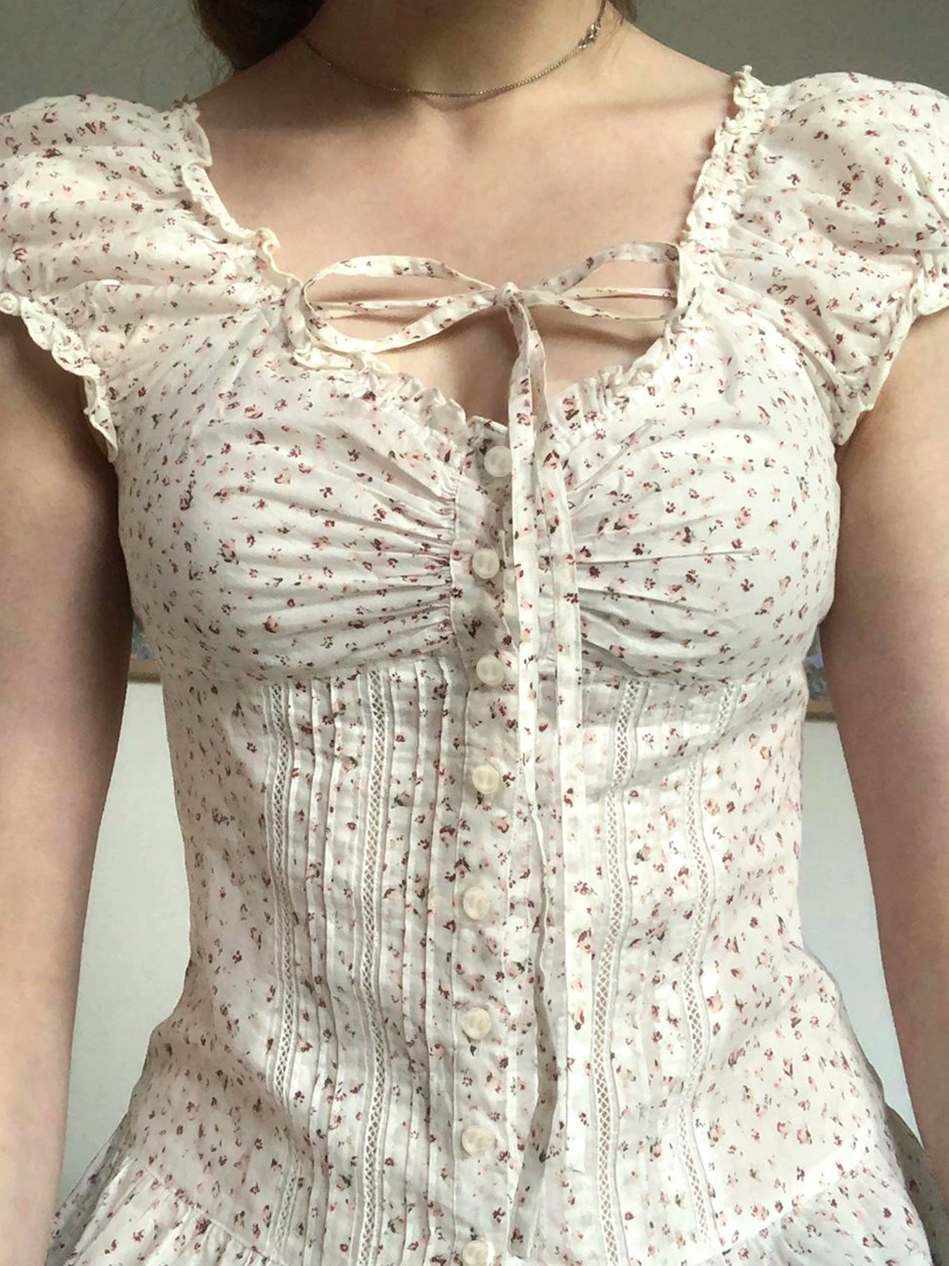 fashionFloral Print French Lace-up Fold Shirt Sexy Slim Classic Fashion Streetwear All-match Top Button Chic 90s Clothes