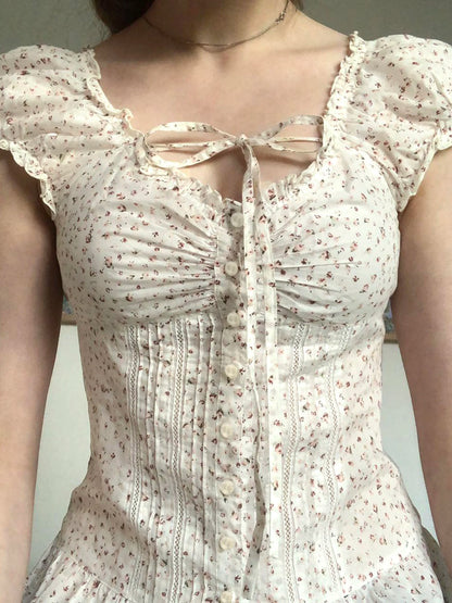 fashionFloral Print French Lace-up Fold Shirt Sexy Slim Classic Fashion Streetwear All-match Top Button Chic 90s Clothes