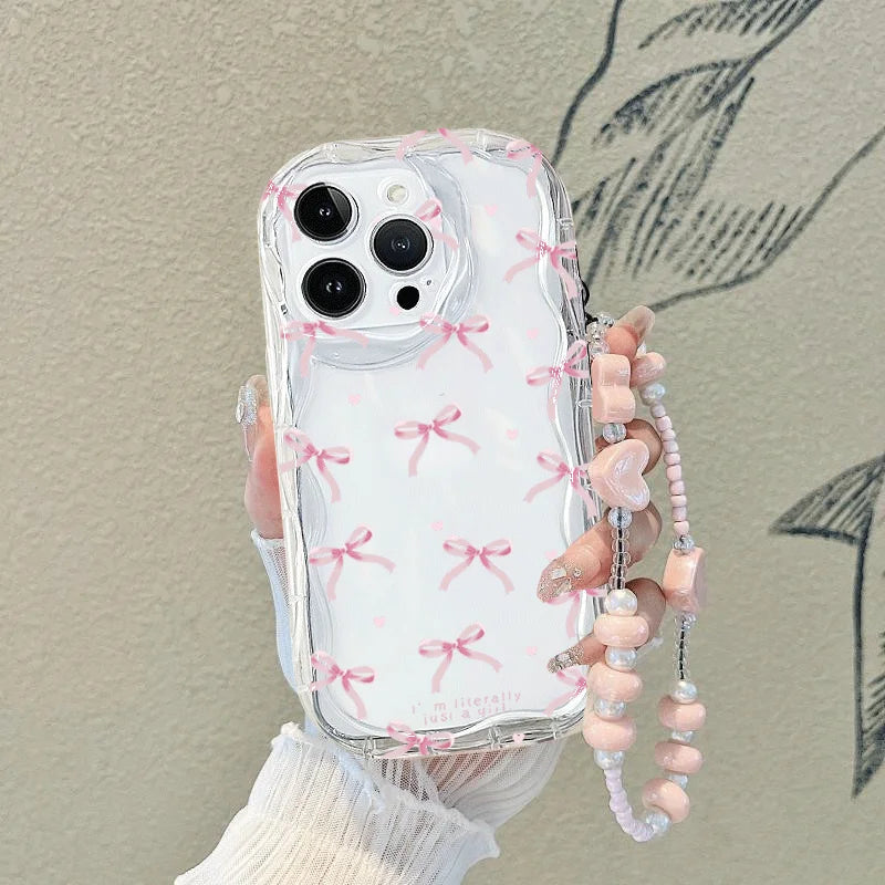 Cute Bow Chain Hanging Rope Case For Xiaomi Redmi Note 14 12 13 Pro Plus 12S 11 10S 11S 10 Redmi A5 13C 14C 12C A3 Wavy Fundas