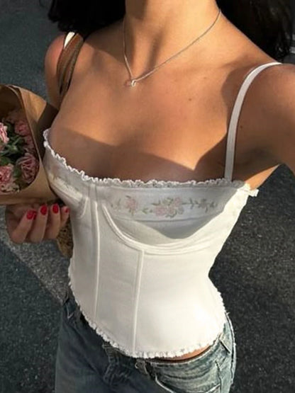 fashionFloral Embroidery Summer Camisole Backless Slim Sexy Hottie Casual Sleeveless Crop Tops Basic Streetwear Clothings