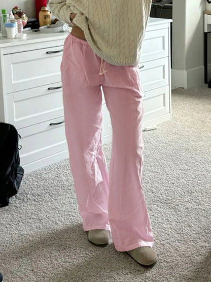 fashionCasual Solid All-match Drawstring Pants Chic Streetwear Korea Slim Straight Sweet Trousers Pink Basic Y2k Bottoms