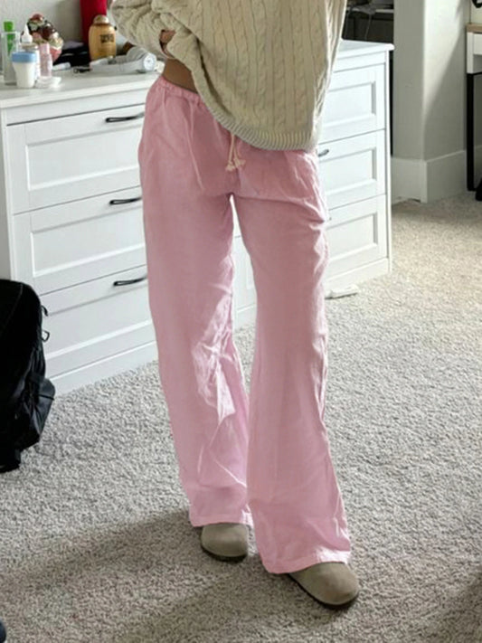 fashionCasual Solid All-match Drawstring Pants Chic Streetwear Korea Slim Straight Sweet Trousers Pink Basic Y2k Bottoms