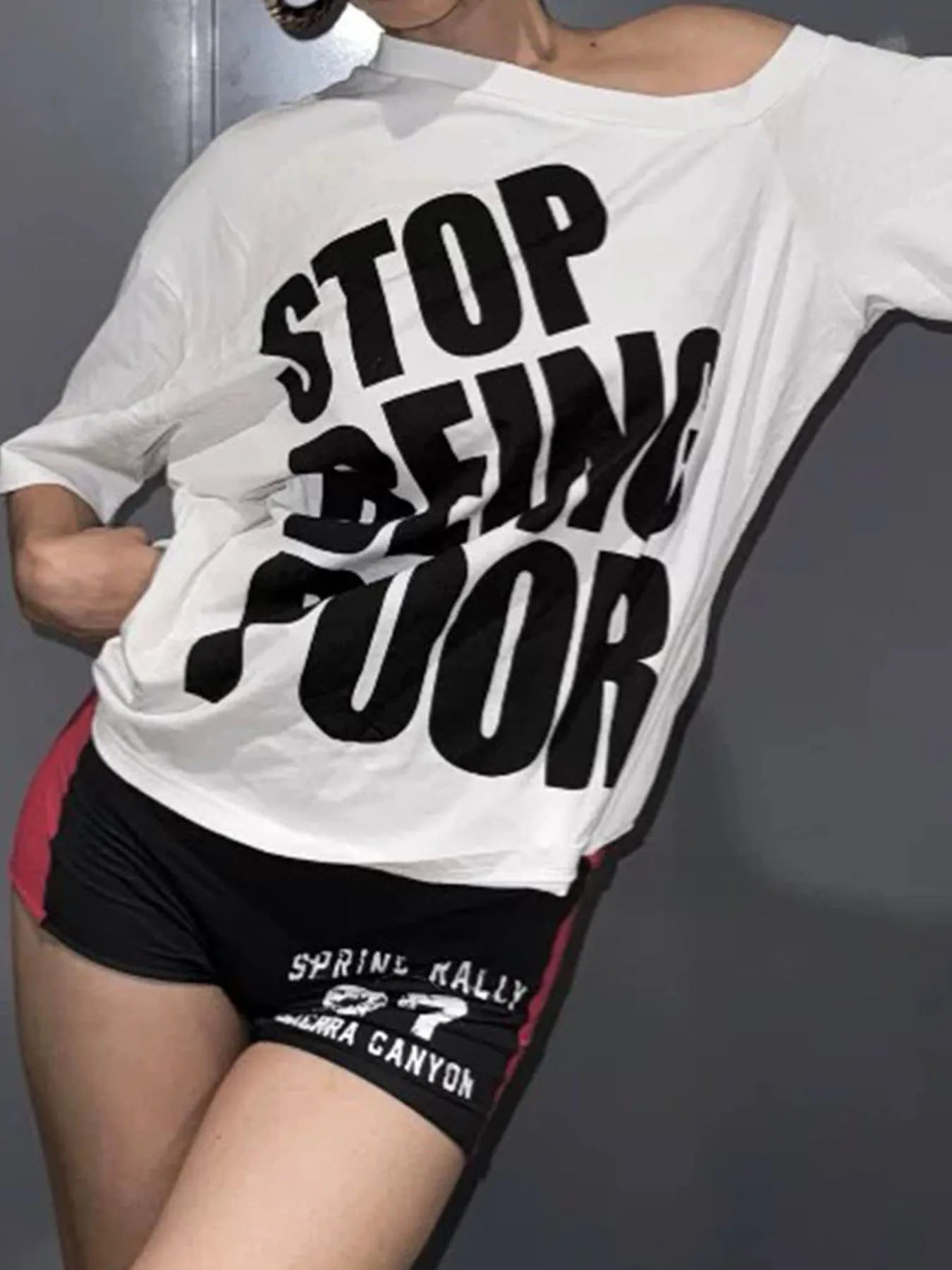 fashionLetter Print Skew Collar T-shirt Slim Short Sleeved Summer Streetwear Loose Tee Elastic Vintage 90s Casual Tops