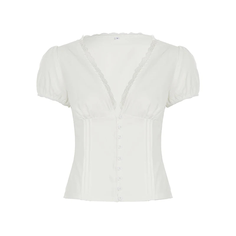 fashion Lace Patchwork Solid Blouses for Women Single-breasted Fashion Slim Clothes Streetwear V-neck Short Sleeves Tops