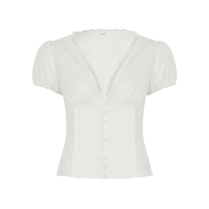 fashion Lace Patchwork Solid Blouses for Women Single-breasted Fashion Slim Clothes Streetwear V-neck Short Sleeves Tops