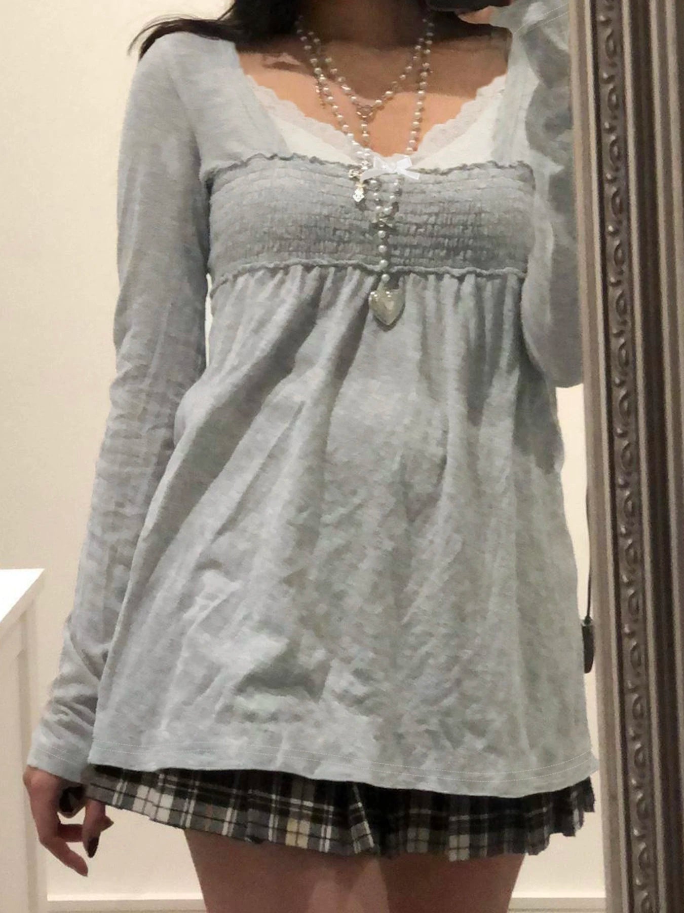 fashion Lace Patchwork Square Collar Sweet T-Shirts Y2K Aesthetic Fashion Long Sleeved Tops Vintage Harajuku Women Outfits