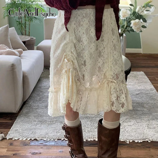 fashion Vintage Shirring Long Skirts Y2K Aesthetic Chic Knee-Length Outfits Streetwear Casual Solid Lace Fashion Bottoms